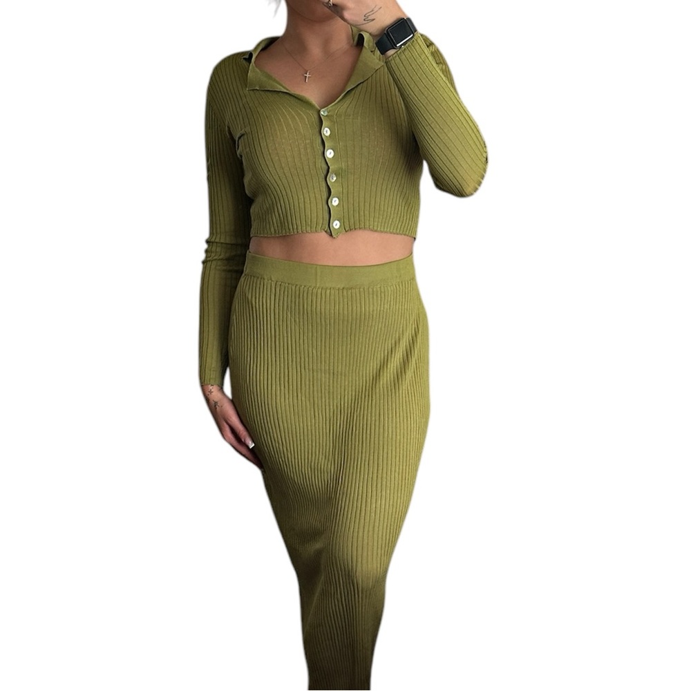 Green ribbed long sleeve crop top and maxi skirt set